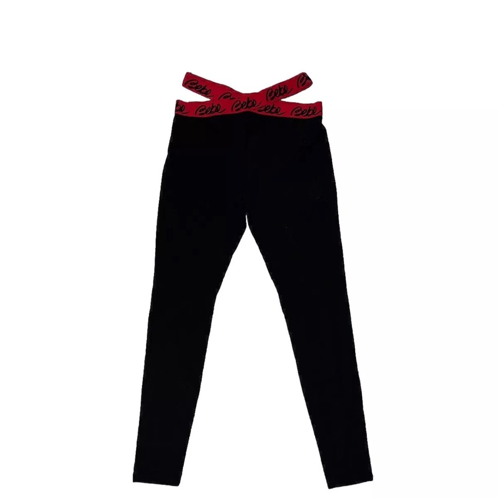 Bebe Black Leggings with Red Strap Logo Medium